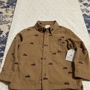 Festive Brown Kids Button Down Corduroy Shirt with Car Pattern